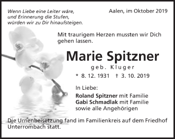 Traueranzeige von Marie Spitzner von Schwäbische Post
