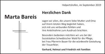Traueranzeige von Marta Bareis von Gmünder Tagespost