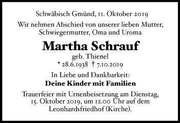 Traueranzeige von Martha Schrauf von Gmünder Tagespost