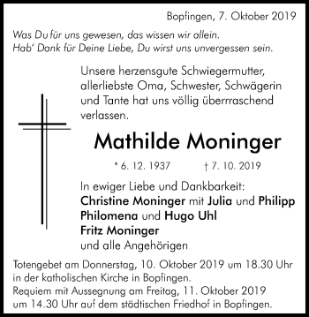 Traueranzeige von Mathilde Moninger von Schwäbische Post