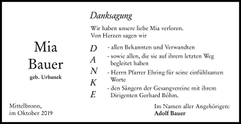 Traueranzeige von Mia Bauer von Gmünder Tagespost