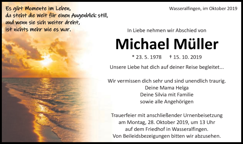  Traueranzeige für Michael Müller vom 23.10.2019 aus Schwäbische Post