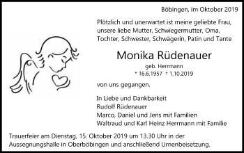 Traueranzeige von Monika Rüdenauer von Gmünder Tagespost