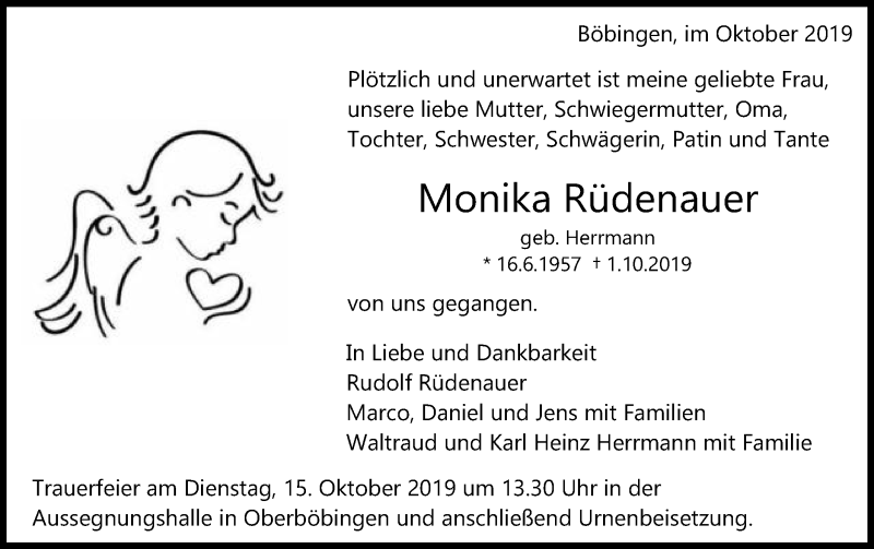  Traueranzeige für Monika Rüdenauer vom 12.10.2019 aus Gmünder Tagespost