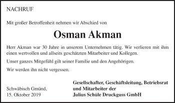 Traueranzeige von Osman Akman von Gmünder Tagespost