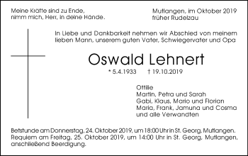 Traueranzeige von Oswald Lehnert von Gmünder Tagespost