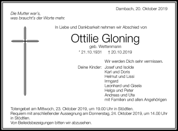 Traueranzeige von Ottilie Gloning von Schwäbische Post