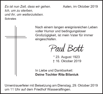 Traueranzeige von Paul Bott von Schwäbische Post
