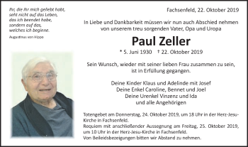 Traueranzeige von Paul Zeller von Schwäbische Post