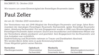 Traueranzeige von Paul Zeller von Schwäbische Post