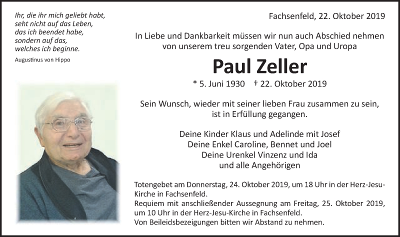  Traueranzeige für Paul Zeller vom 23.10.2019 aus Schwäbische Post