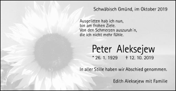 Traueranzeige von Peter Aleksejew von Gmünder Tagespost