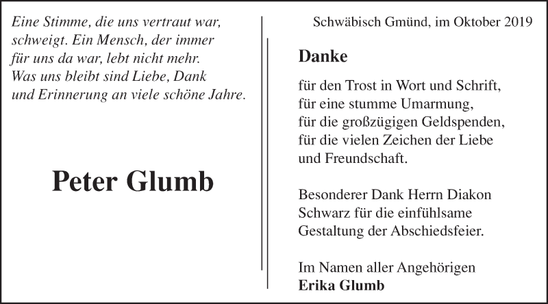  Traueranzeige für Peter Glumb vom 26.10.2019 aus Gmünder Tagespost
