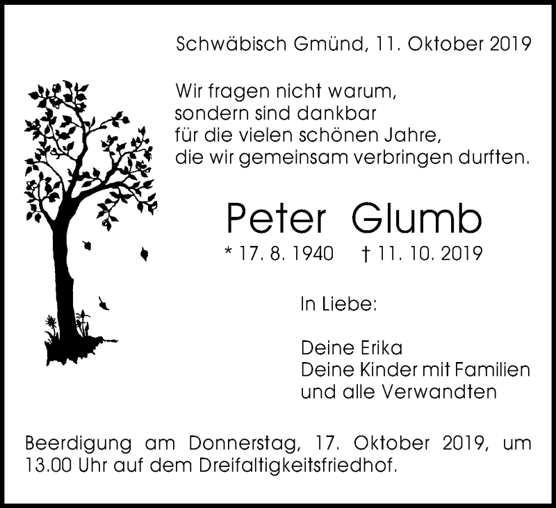  Traueranzeige für Peter Glumb vom 15.10.2019 aus Gmünder Tagespost