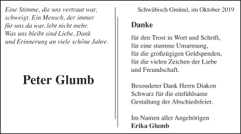 Traueranzeige von Peter Glumb von Gmünder Tagespost