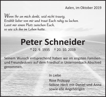 Traueranzeige von Peter Schneider von Schwäbische Post