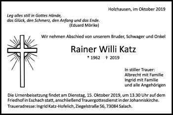 Traueranzeige von Rainer Willi Katz von Gmünder Tagespost