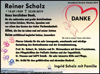 Traueranzeige von Reiner Scholz von Gmünder Tagespost