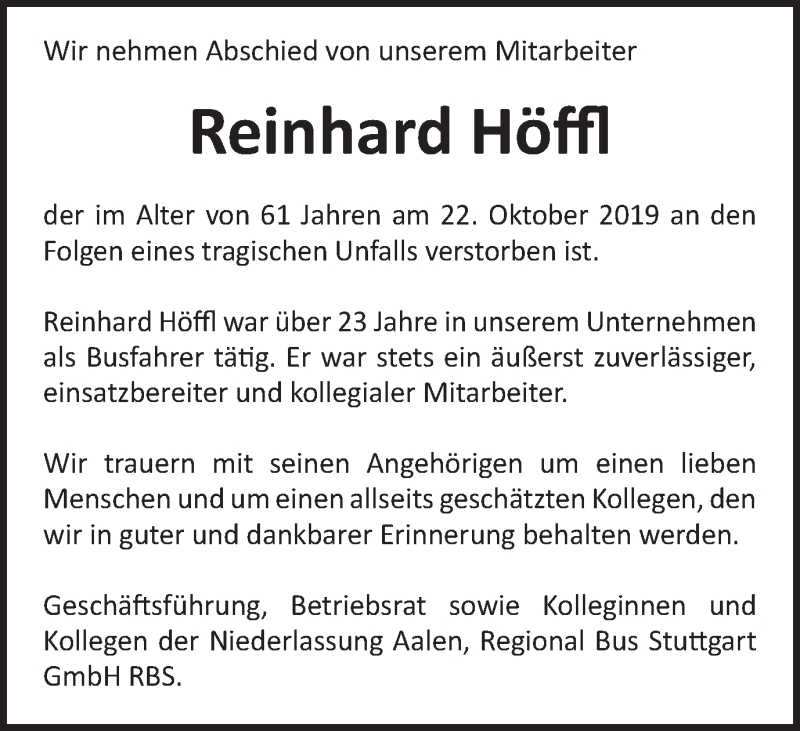  Traueranzeige für Reinhard Höffl vom 28.10.2019 aus Schwäbische Post