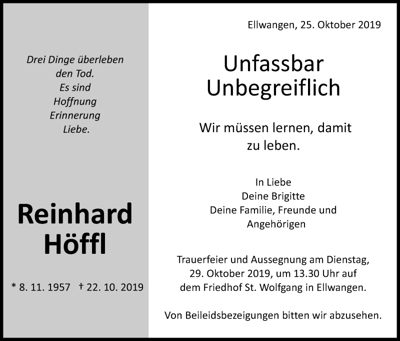 Traueranzeige für Reinhard Höffl vom 25.10.2019 aus Schwäbische Post