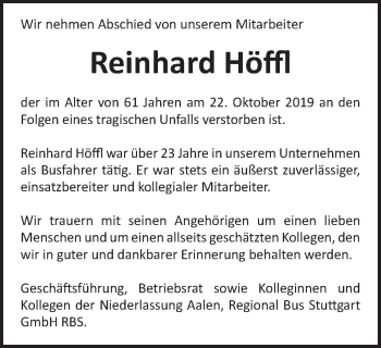 Traueranzeige von Reinhard Höffl von Schwäbische Post