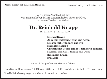 Traueranzeige von Reinhold Knapp von Gmünder Tagespost