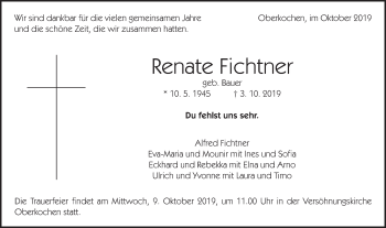 Traueranzeige von Renate Fichtner von Schwäbische Post