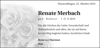Traueranzeige von Renate Merbach von Schwäbische Post
