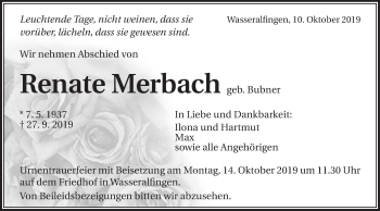 Traueranzeige von Renate Merbach von Schwäbische Post