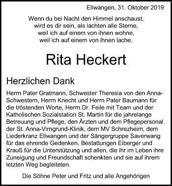 Traueranzeige von Rita Heckert von Schwäbische Post