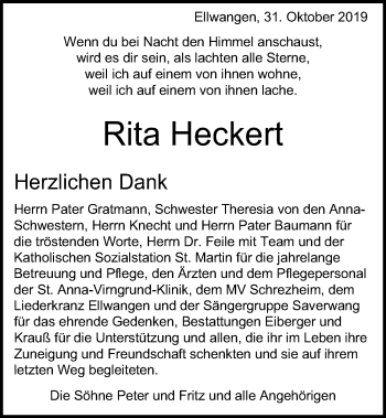 Traueranzeige von Rita Heckert