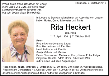 Traueranzeige von Rita Heckert von Schwäbische Post