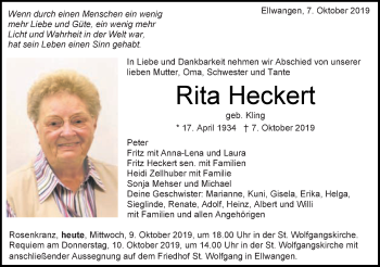 Traueranzeige von Rita Heckert