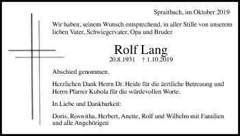 Traueranzeige von Rolf Lang von Gmünder Tagespost