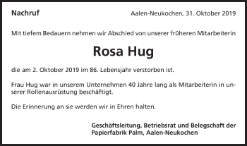 Traueranzeige von Rosa Hug von Schwäbische Post