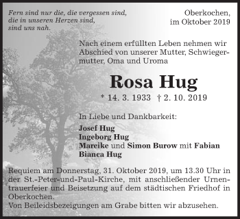 Traueranzeige von Rosa Hug von Amtsblatt_Oko