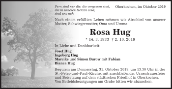 Traueranzeige von Rosa Hug von Schwäbische Post