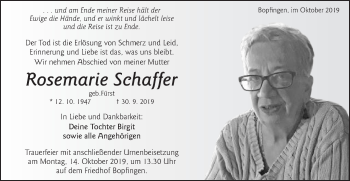 Traueranzeige von Rosemarie Schaffer von Schwäbische Post
