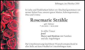 Traueranzeige von Rosemarie Strähle von Gmünder Tagespost