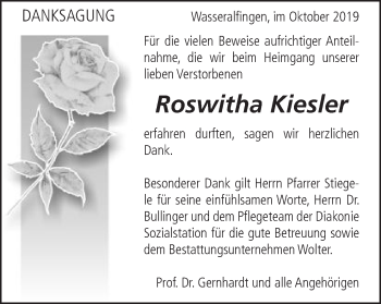 Traueranzeige von Roswitha Kiesler von Schwäbische Post