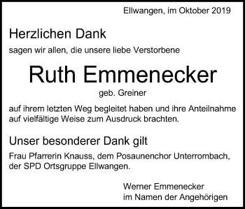 Traueranzeige von Ruth Emmenecker