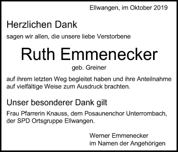 Traueranzeige von Ruth Emmenecker von Schwäbische Post