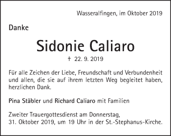 Traueranzeige von Sidonie Caliaro von Schwäbische Post