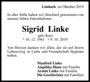 Traueranzeige von Sigrid Linke von Gmünder Tagespost