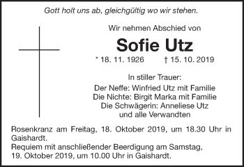 Traueranzeige von Sofie Utz von Schwäbische Post