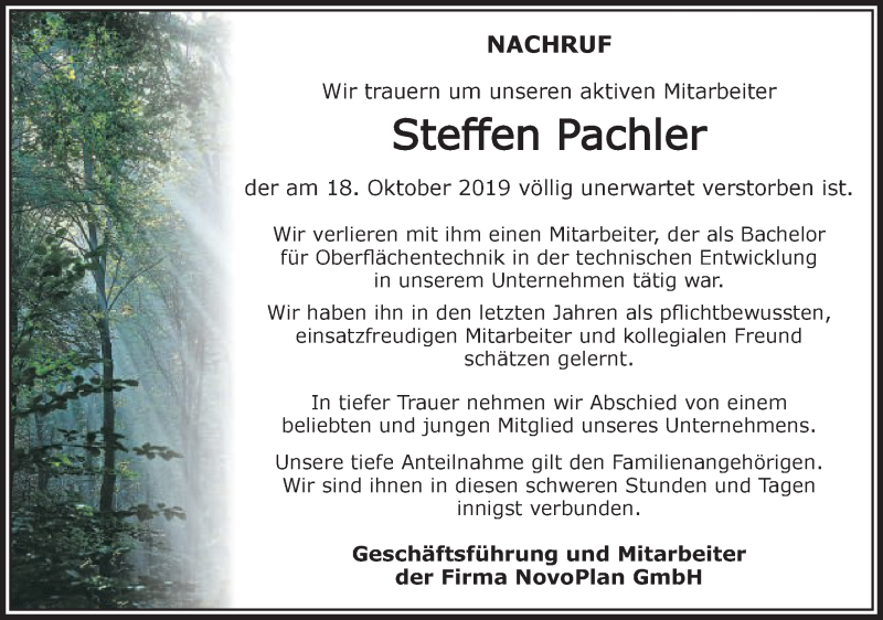  Traueranzeige für Steffen Pachler vom 26.10.2019 aus Schwäbische Post