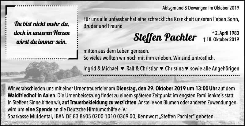  Traueranzeige für Steffen Pachler vom 26.10.2019 aus Schwäbische Post