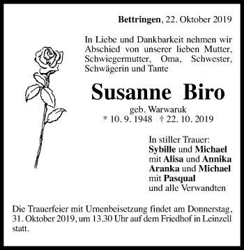 Traueranzeige von Susanne Biro von Gmünder Tagespost