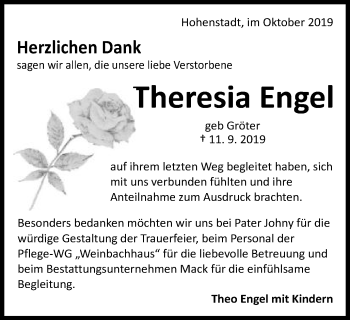 Traueranzeige von Theresia Engel von Schwäbische Post