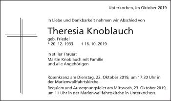 Traueranzeige von Theresia Knoblauch von Schwäbische Post